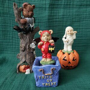 Vintage Halloween Figurines (3) - Bear Mummy Trick-or-Treat Pumpkin Tree